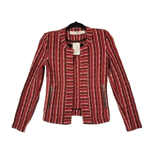 IRO Paris Red/Black/White Zip Pockets Striped Inland Tweed Blazer Jacket Size 32 - Picture 2 of 9